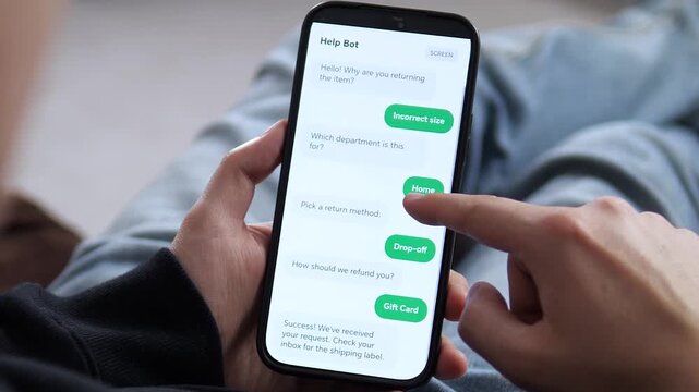 Using a Help Bot to process a product return via chat. The user selects Incorrect size and Home department for a smooth refund. Perfect for e-commerce, customer service automation, and chatbot visuals