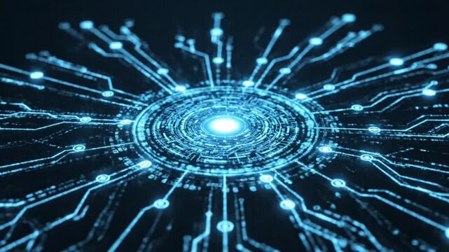 Futuristic digital hud interface with glowing circuitry and data nodes, abstract cybernetic technology background, for high-tech computing, and artificial intelligence concepts