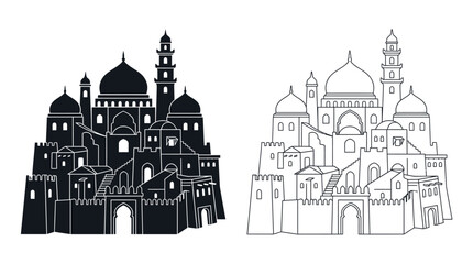Middle eastern city skyline illustration black and white line drawing © Design Bari