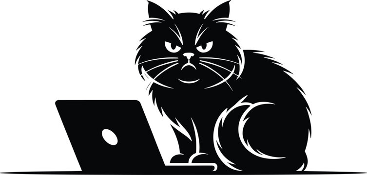 black cat, fluffy cat, grumpy cat, laptop, computer, silhouette, white background, animal, technology, feline, whiskers, ears, eyes, fu Black silhouette of a grumpy fluffy cat sitting next to a laptop