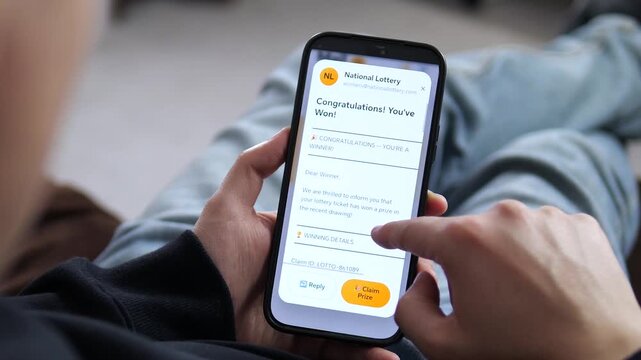 eceiving a National Lottery win notification via email on a smartphone. The inbox displays a congratulatory message and a You Won popup. Perfect for lottery apps, prize notifications, and winning