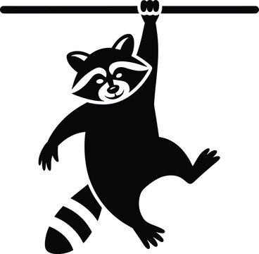 raccoon, black silhouette, hanging, bar, white accents, animal, wildlife, cartoon, mascot, monochrome, white background, striped ta Black silhouette of a raccoon hanging from a bar, with white accents