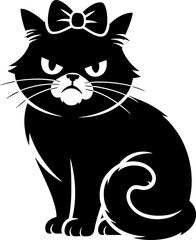 Obraz premium black cat, grumpy cat, silhouette, flat bow, feline, animal, white background, angry expression, whiskers, curled tail, decorative bow, eps10, flat, black, grumpy, cat with bow, displeased cat, frowni