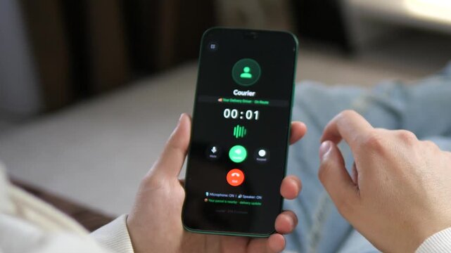 Receiving a call from a delivery driver on a smartphone app. Clean UI showing Courier nearby. Perfect for e-commerce, logistics, and modern lifestyle videos. Showcase seamless order fulfillment and