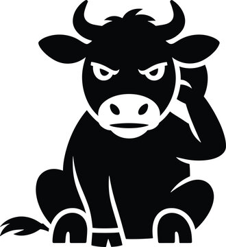 cow, bull, cattle, grumpy, annoyed, scratching, ear, sitting, flat black silhouette, white background, animal, mammal, farm animal, Flat black silhouette of a grumpy cow sitting and scratching its ear