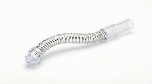 Clear flexible dental saliva ejector suction tip with internal wire for adjustable positioning isolated on white background for fluid evacuation during clinical dentistry and oral hygiene care.