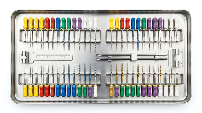 Wide selection of professional dental root canal files and reamers organized in a sterile metal tray for advanced endodontic therapy and precise canal preparation in modern clinical dentistry today.