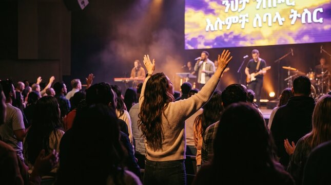Contemporary christian worship service with raised hands and band performance