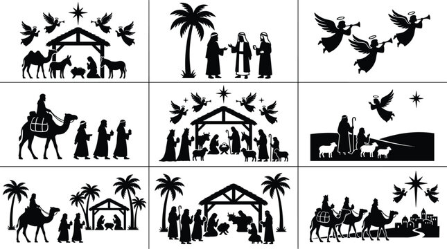 Christmas Nativity Silhouette Set with Holy Family Angels Shepherds Wise Men and Bethlehem Desert Scenes