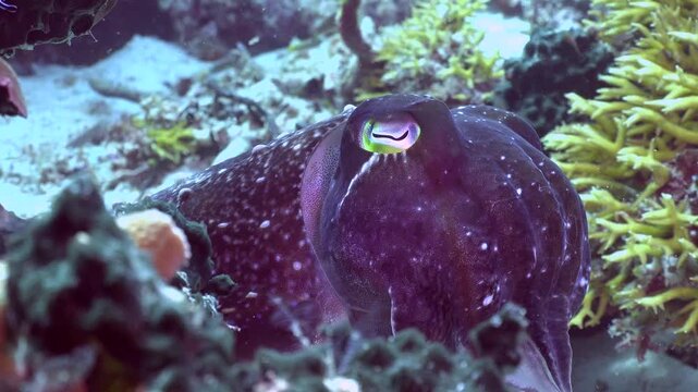 Close-up of a vibrant cuttlefish swimming over a coral reef, displaying colorful skin patterns and camouflage underwater