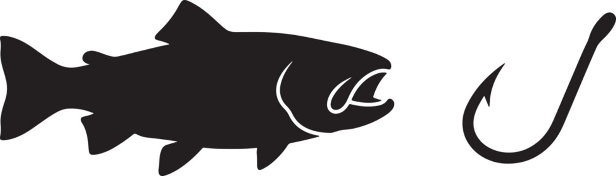 Black silhouette of a salmon or trout fish with its mouth open, swimming towards a sharp fishing hook, illustrating the concept of fishing and bait also transparent background