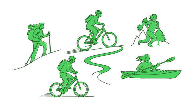 Green line art illustrations of various outdoor adventure sports and healthy lifestyle activities: hiking, cycling, running, and kayaking.