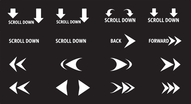 Navigation arrow icons, scroll and direction symbols, white on black vector graphics