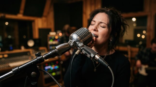 Woman singing into a vintage microphone in a recording studio