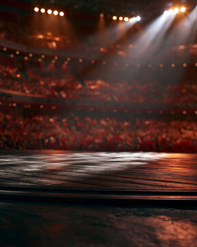 View from the audience of a moody, dark wooden stage in an empty theater, with out-of-focus bokeh lights and spotlights in the distance.
