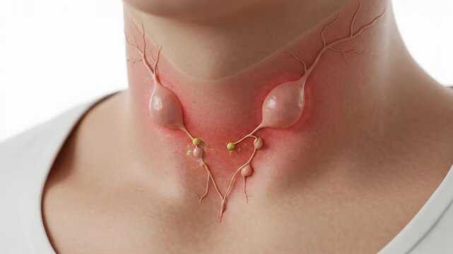 Enlarged lymph nodes in the human neck, signifying infection, inflammation, or disease, a serious medical condition of the lymphatic system, anatomical health concept