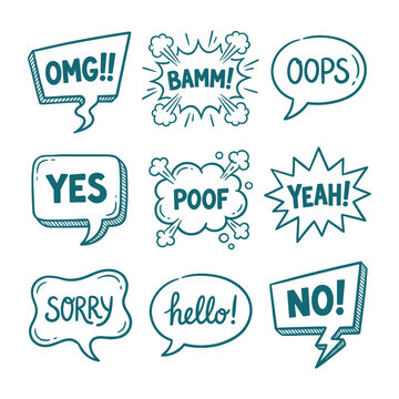 Collection of hand drawn speech bubbles with various expressions and exclamations in doodle style
