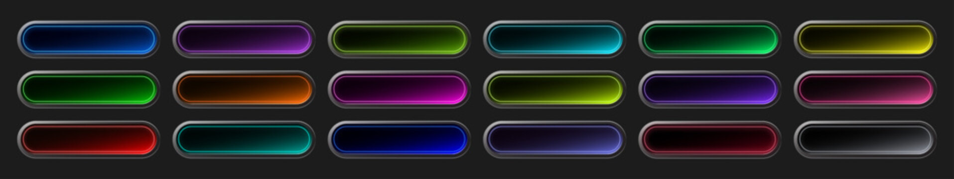 Futuristic Neon Glowing UI Button Set with Metallic Frames for Game and Web Design, Editable AI file