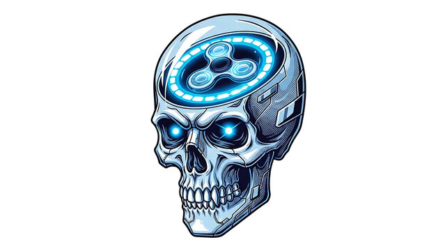 Cyborg skull with glowing fidget spinner isolated on a transparent background