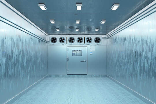 Industrial cold storage room maintains low temperatures for refrigeration, frozen goods preservation, and commercial food warehouse operations 3D image