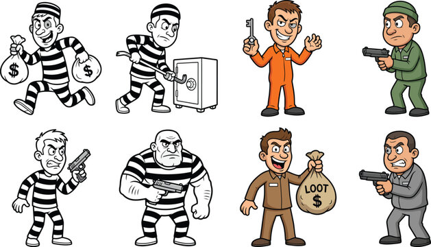 Cartoon Criminal and Prisoner Character Set, Burglary and Heist Vector Illustration