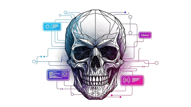 Geometric cybernetic skull head isolated on a transparent background
