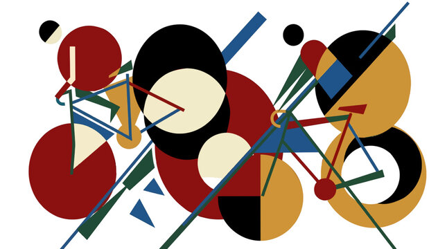 Dynamic geometric abstract composition featuring stylized bicycles and intersecting shapes, conveying movement, speed, and modern art concepts.