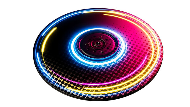 Glowing neon circular cyberpunk disc isolated on a transparent background