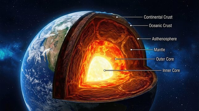 Earth planet, internal structure display, continental crust, oceanic crust, asthenosphere, mantle, outer core, inner core, molten layer, solid region, deep geosphere.
