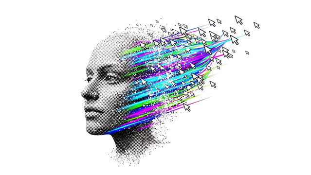 Human face dissolving into cursors isolated on a transparent background
