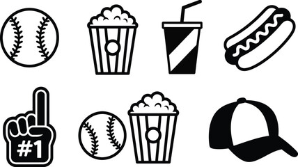 black and white baseball snack food foam finger and cap icons set vector sports illustration collection