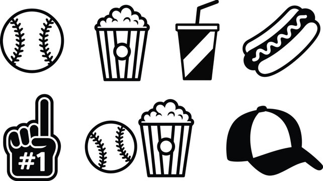 black and white baseball snack food foam finger and cap icons set vector sports illustration collection