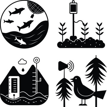 Marine wildlife monitoring soil sensor weather tracking bioacoustic audio vector set
