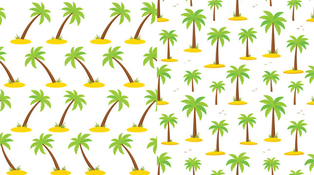 Flat Design Exotic Island Pattern, Minimalist Beach Palm Trees Vector