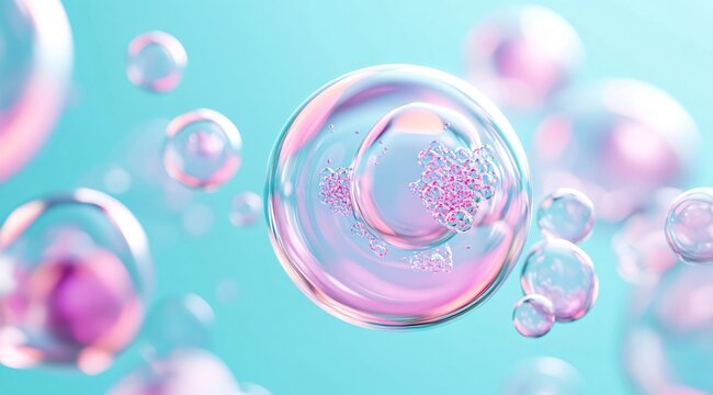 Abstract 3D illustration of pink cells floating in blue liquid. Biological microorganism structure under microscope. Medical science research concept for cellular biology and infection.