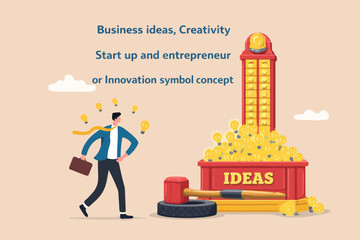 Fototapeta premium Business ideas, creativity, start up and entrepreneur light bulb symbol concept, smart businessman with lot of ideas standing with gumball Big Desk machine with abundance of lightbulb ideas