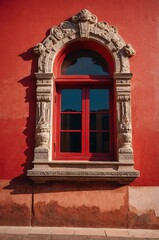 Obraz premium Portrait of red window on red wall background 