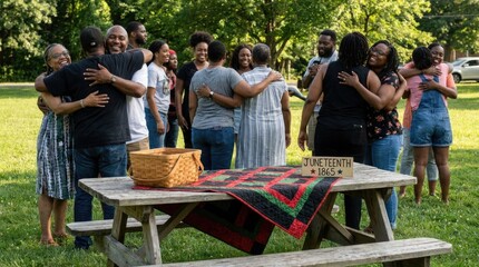 African American group celebrating Juneteenth holiday, commemorating emancipation from slavery in the United States on June 19, also known as Freedom Day and Liberation Day.