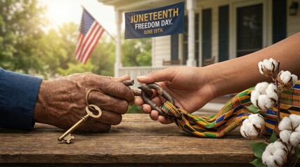 Juneteenth, u.s. federal holiday, freedom day, liberation day, emancipation day, commemorates slave emancipation in united states on june 19, depicted by hand with broken chain link, brass key.