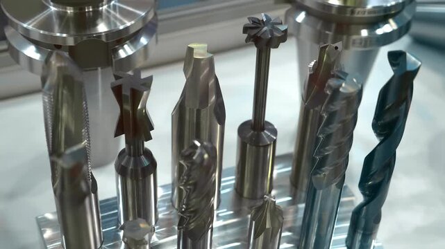 A range of new, shiny cutters for milling machines, of various shapes and purposes, are presented at the exhibition. Closeup. Shot in motion