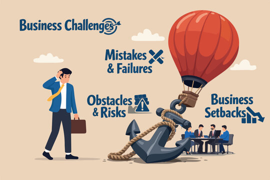 Problem or trouble to prevent business to grow up, mistake failure, obstacle or error to make business fail, frustrated businessman look at heavy tied anchor to prevent his balloon to flying up