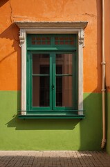 Obraz premium Portrait of green window on orange wall background 