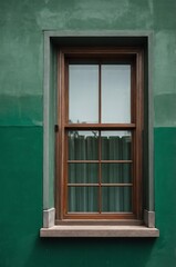 Obraz premium Portrait of gray window on green wall background 