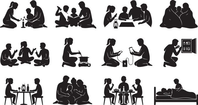 Set of black silhouettes showing a family during a power outage or blackout living at home with limited light sources and candles and battery lamps isolated on white background, Vector, illustration