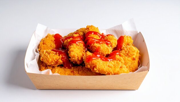 Realistic chicken tenders in takeaway box with hot sauce, empty background