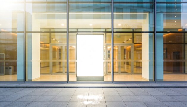 Modern glass building entrance with bright illuminated sign. Clean lines and contemporary architecture create a welcoming atmosphere.