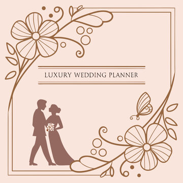 Luxury wedding planner service card design with bride and groom silhouette