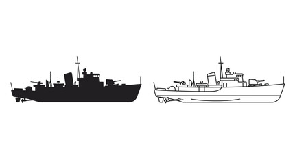 Warship silhouette and line drawing on a white background © Design Bari
