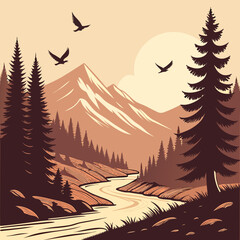 Mountain landscape with coniferous forest river and flying birds silhouette © dddd