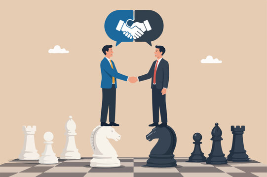 Negotiation strategy, win-win situation, partnership instead confrontation in competition, merger agreement concept, businessman competitors standing chess handshaking after finish agreement